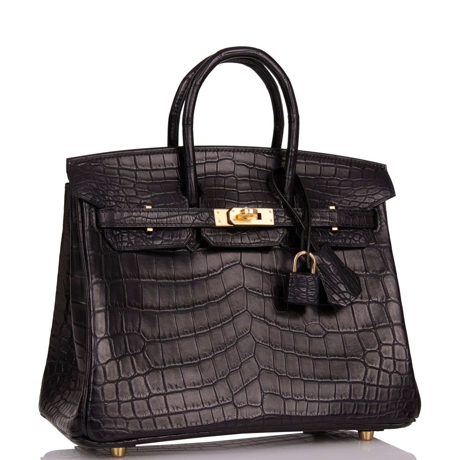 HMS Birkin 25 Black Matte Niloticus Crocodile Gold Hardware