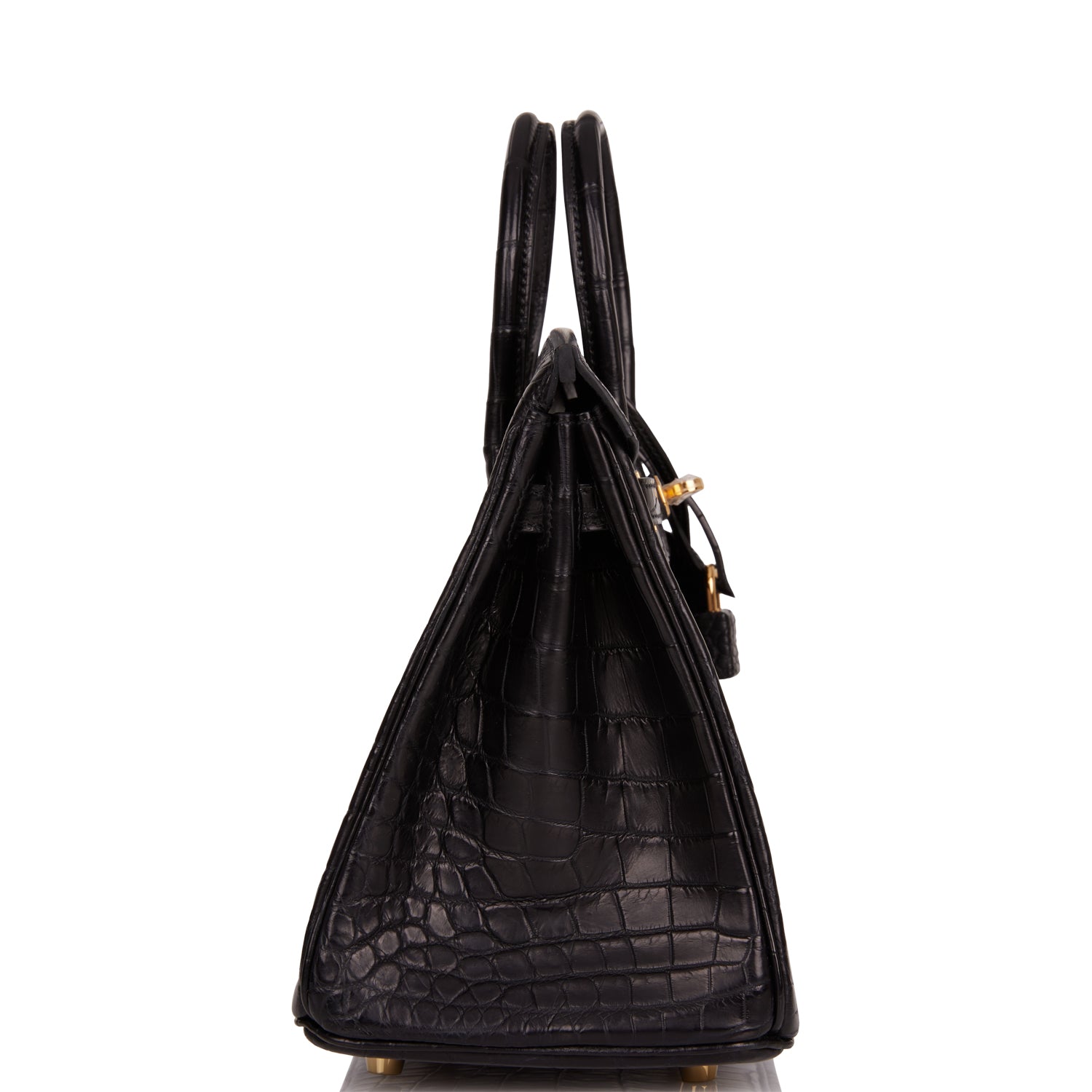 HMS Birkin 25 Black Matte Niloticus Crocodile Gold Hardware