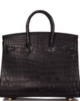 HMS Birkin 25 Black Matte Niloticus Crocodile Gold Hardware
