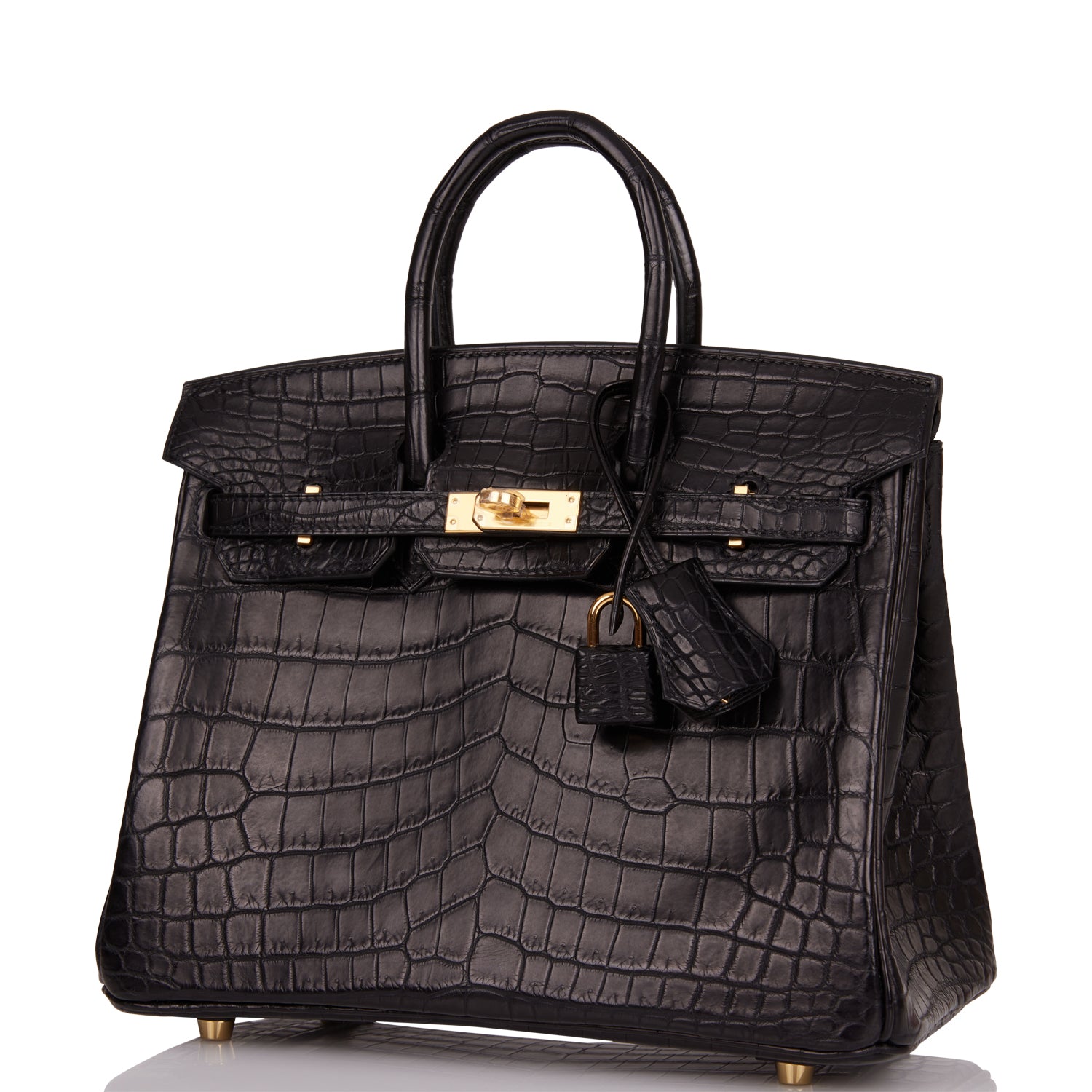 HMS Birkin 25 Black Matte Niloticus Crocodile Gold Hardware