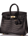 HMS Birkin 25 Black Matte Niloticus Crocodile Gold Hardware