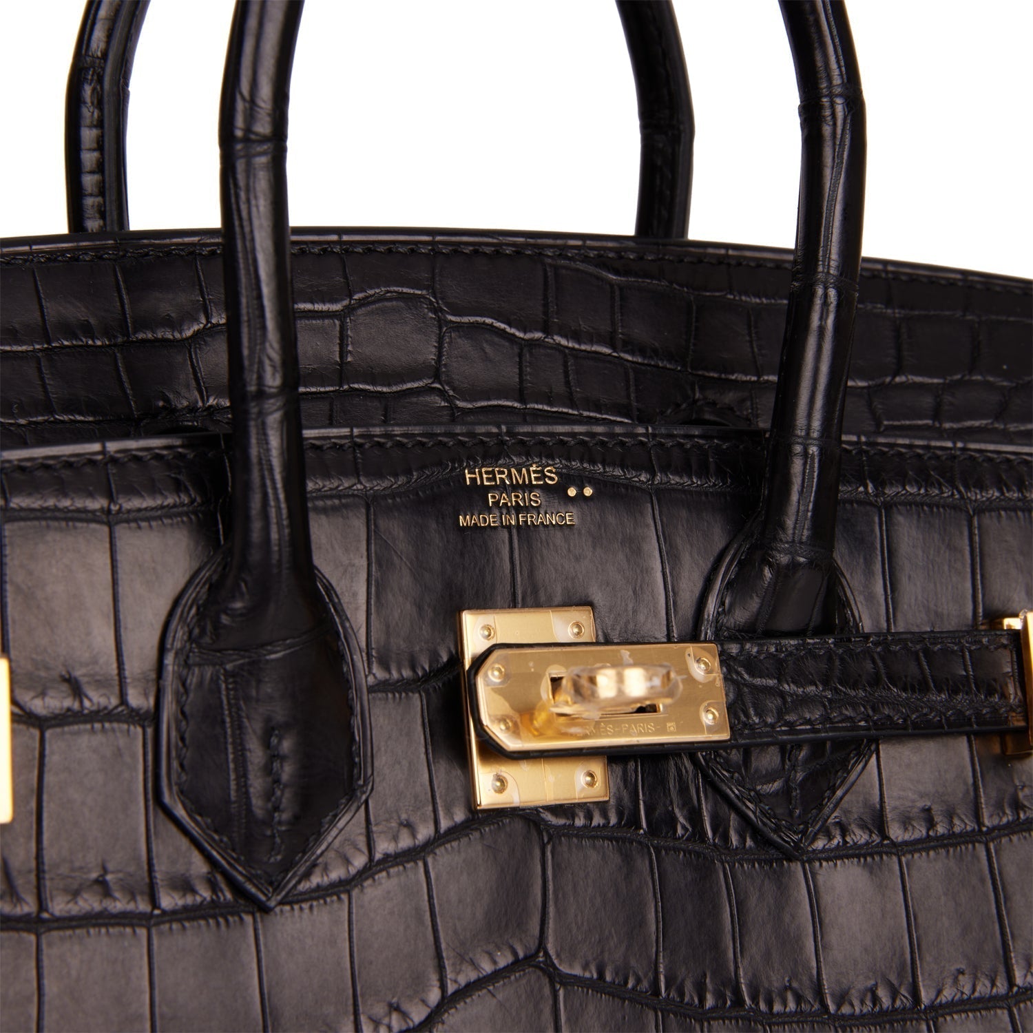HMS Birkin 25 Black Matte Niloticus Crocodile Gold Hardware