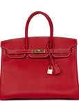 Top Quality HMS Birkin 35 Rouge Casaque Candy Epsom Permabrass Hardware