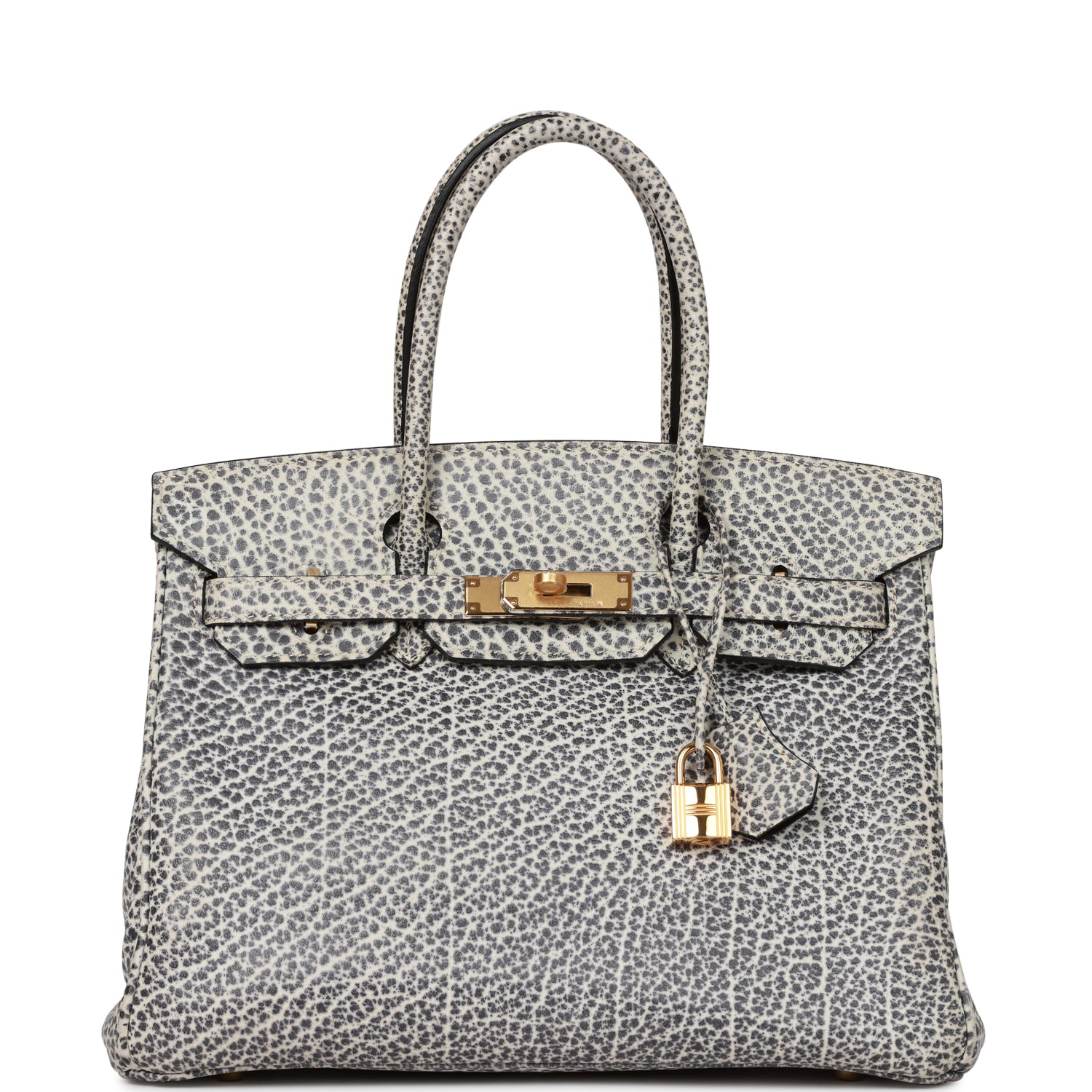 Vintage HMS Birkin 30 White Dalmatian Buffalo Gold Hardware