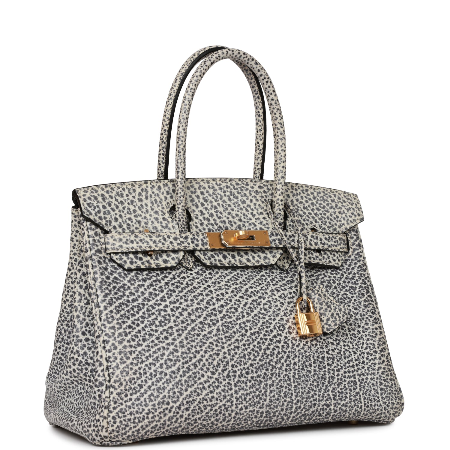 Vintage HMS Birkin 30 White Dalmatian Buffalo Gold Hardware