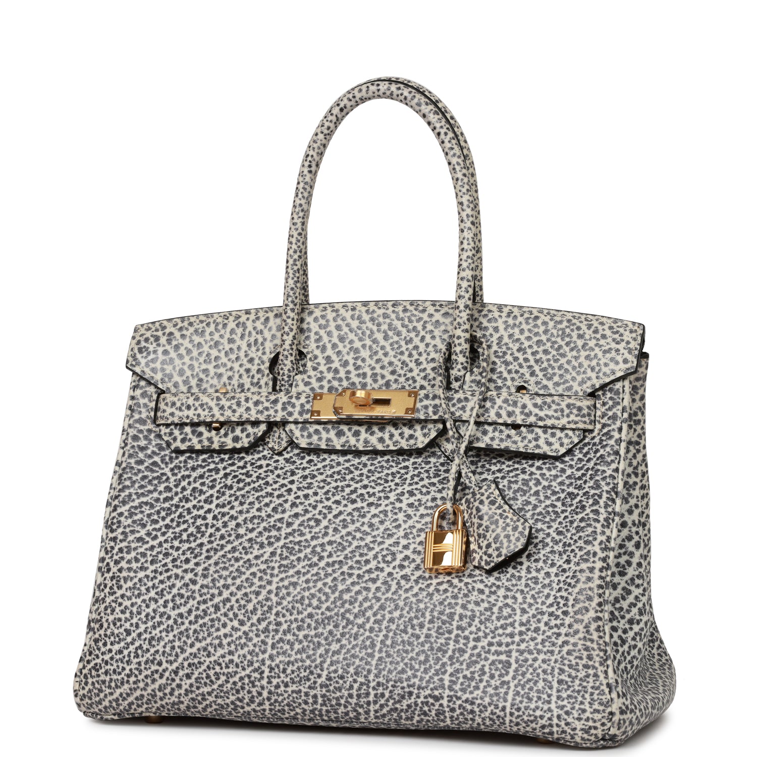 Vintage HMS Birkin 30 White Dalmatian Buffalo Gold Hardware