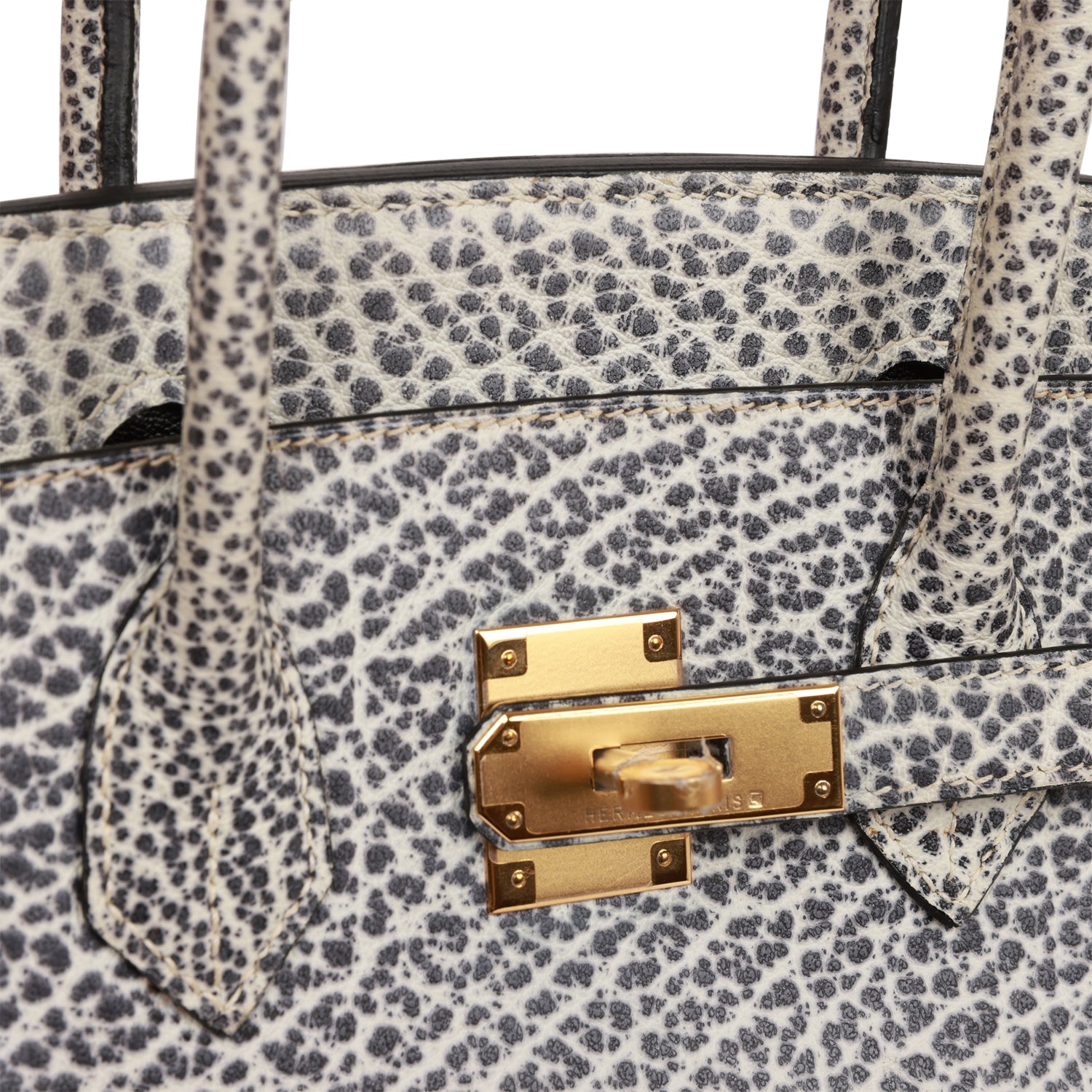 Vintage HMS Birkin 30 White Dalmatian Buffalo Gold Hardware