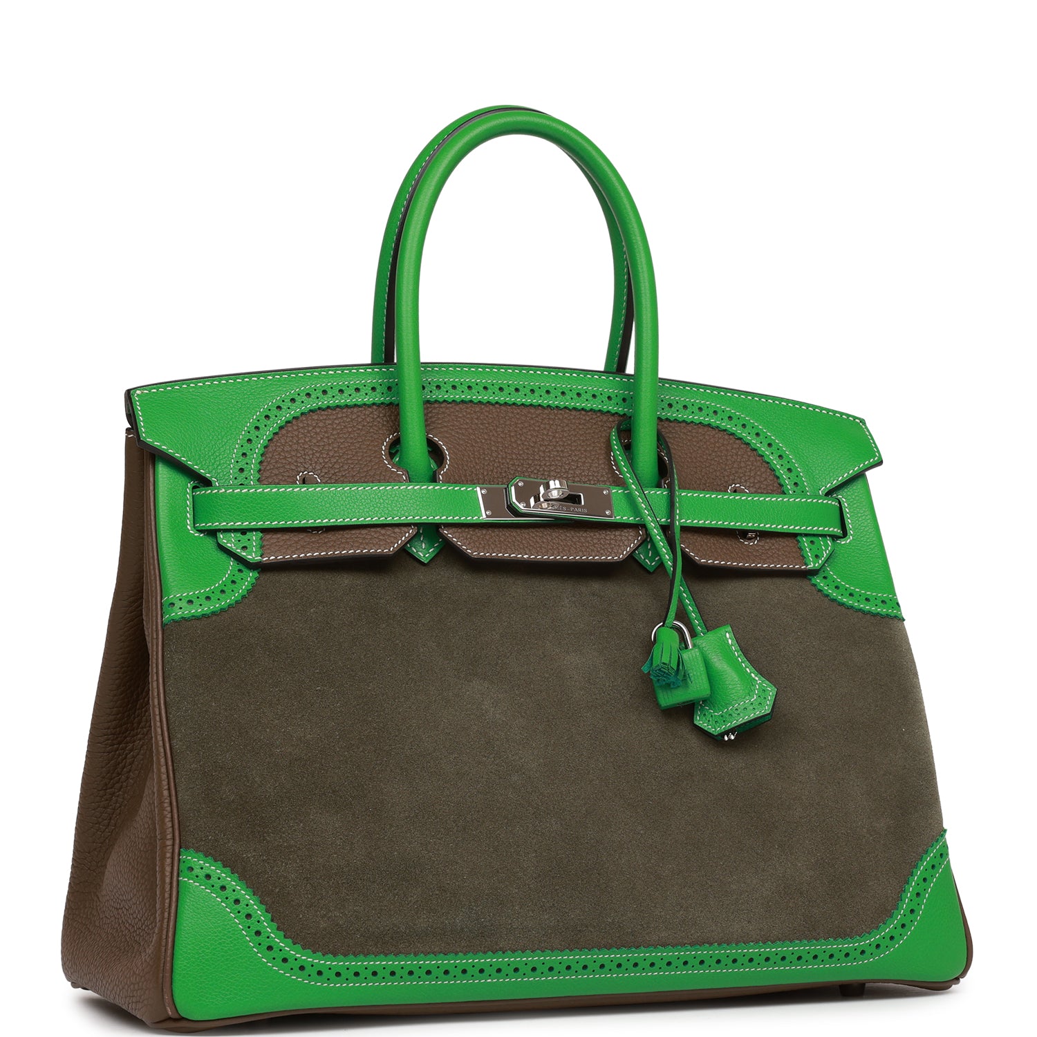 HMS Grizzly Ghillies Birkin 35 Vert de Gris, Bambou and Taupe Doblis Palladium Hardware