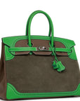 HMS Grizzly Ghillies Birkin 35 Vert de Gris, Bambou and Taupe Doblis Palladium Hardware