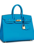 HMS Birkin Sellier 25 Bleu Frida Epsom Gold Hardware