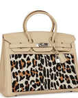 Vintage HMS Birkin 35 Parchemin Togo and Leopard Troika Palladium Hardware
