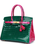 HMS Special Order (HSS) Birkin 30 Emerald and Rose Scheherazade Shiny Niloticus Crocodile Brushed Gold Hardware