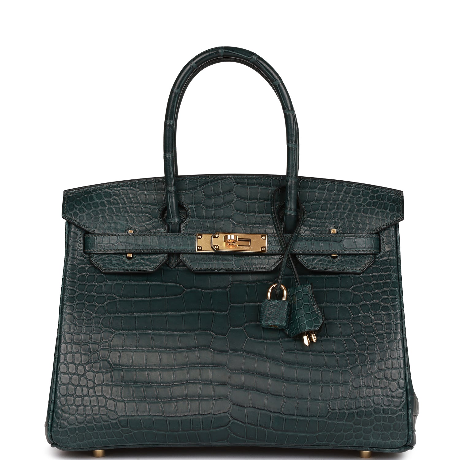 HMS Birkin 30 Vert Fonce Matte Porosus Crocodile Gold Hardware