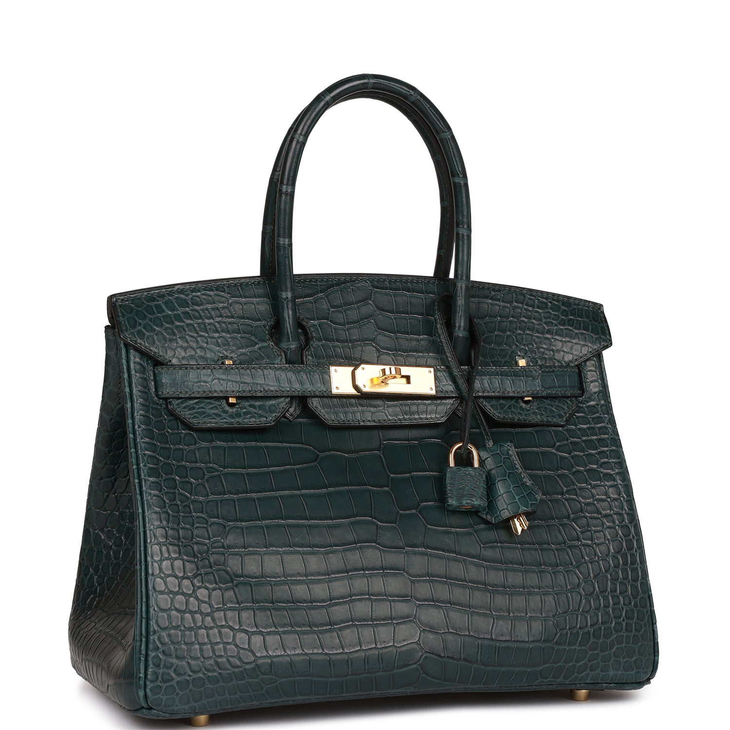 HMS Birkin 30 Vert Fonce Matte Porosus Crocodile Gold Hardware