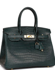 HMS Birkin 30 Vert Fonce Matte Porosus Crocodile Gold Hardware