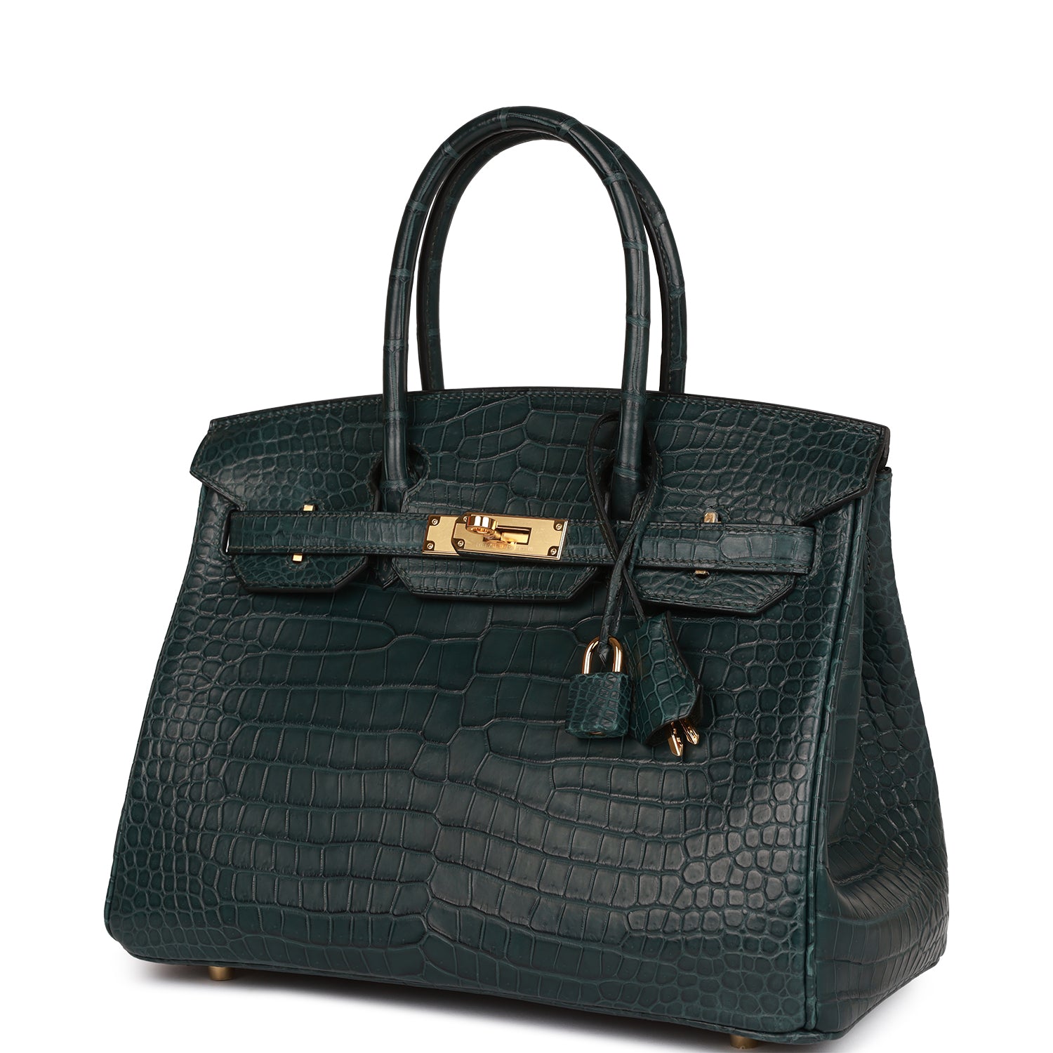 HMS Birkin 30 Vert Fonce Matte Porosus Crocodile Gold Hardware