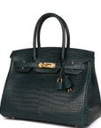 HMS Birkin 30 Vert Fonce Matte Porosus Crocodile Gold Hardware