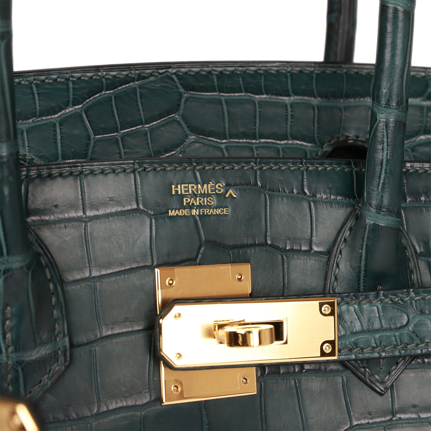 HMS Birkin 30 Vert Fonce Matte Porosus Crocodile Gold Hardware