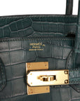 HMS Birkin 30 Vert Fonce Matte Porosus Crocodile Gold Hardware