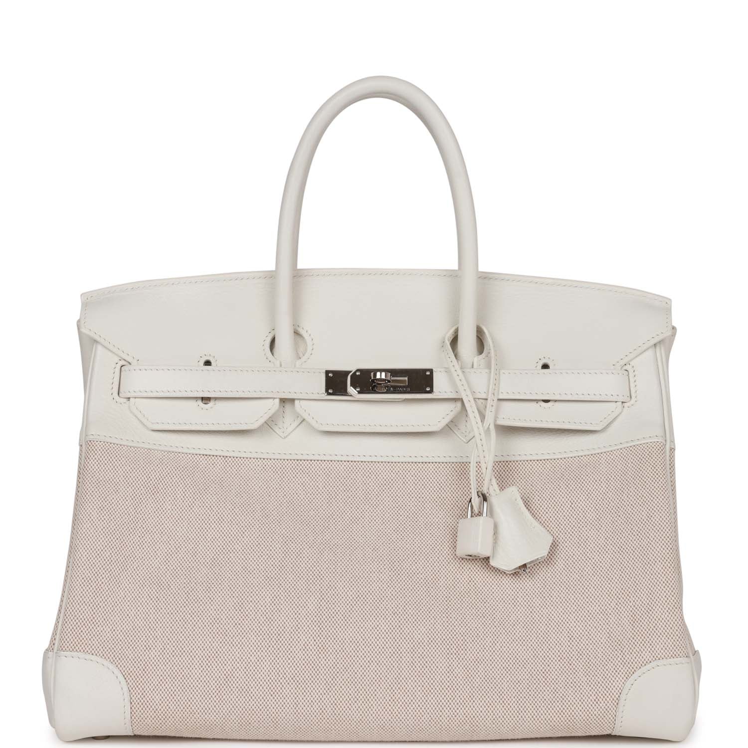 Top Quality HMS Birkin 35 White Gulliver and Toile H Palladium Hardware