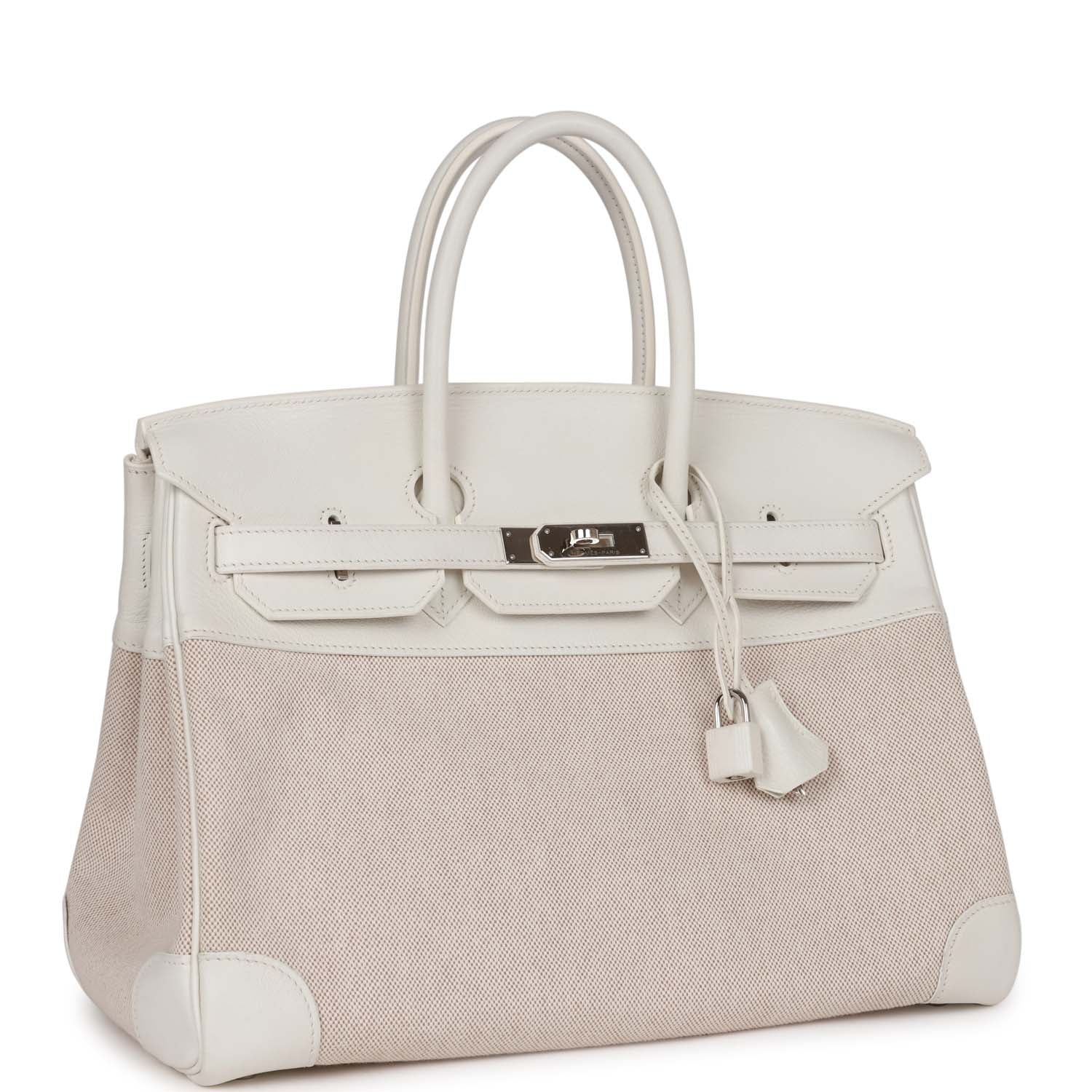 Top Quality HMS Birkin 35 White Gulliver and Toile H Palladium Hardware