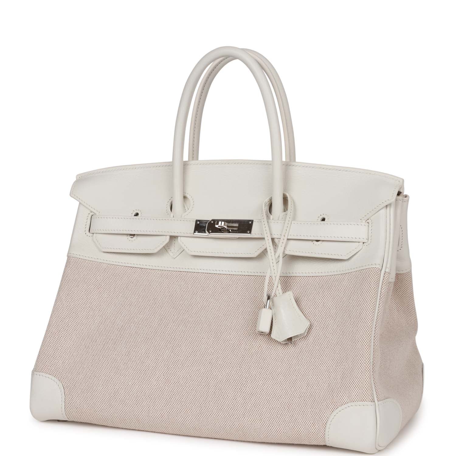 Top Quality HMS Birkin 35 White Gulliver and Toile H Palladium Hardware