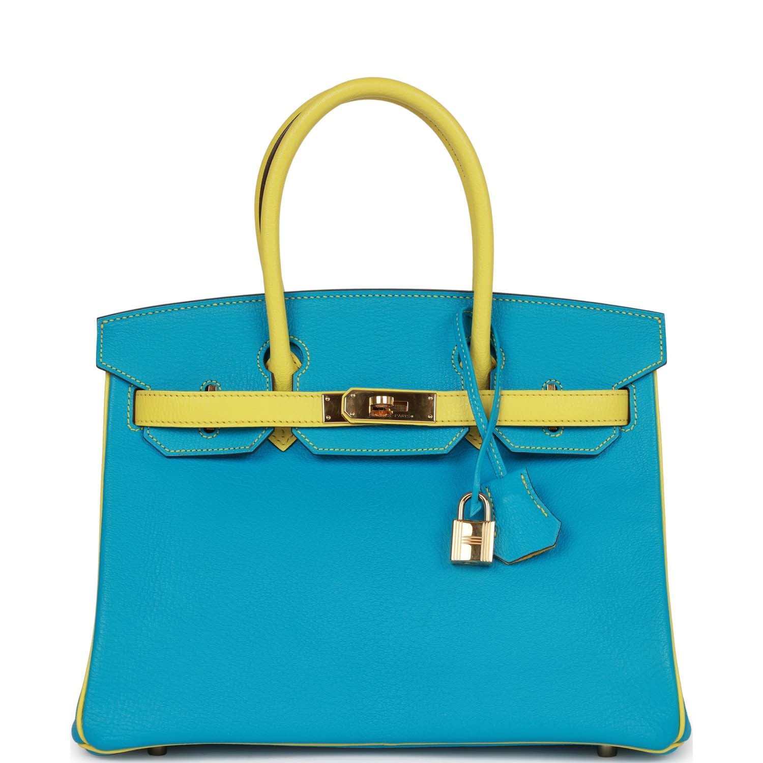 Top Quality HMS Special Order (HSS) Birkin 30 Bleu Turquoise and Lime Chevre Gold Hardware