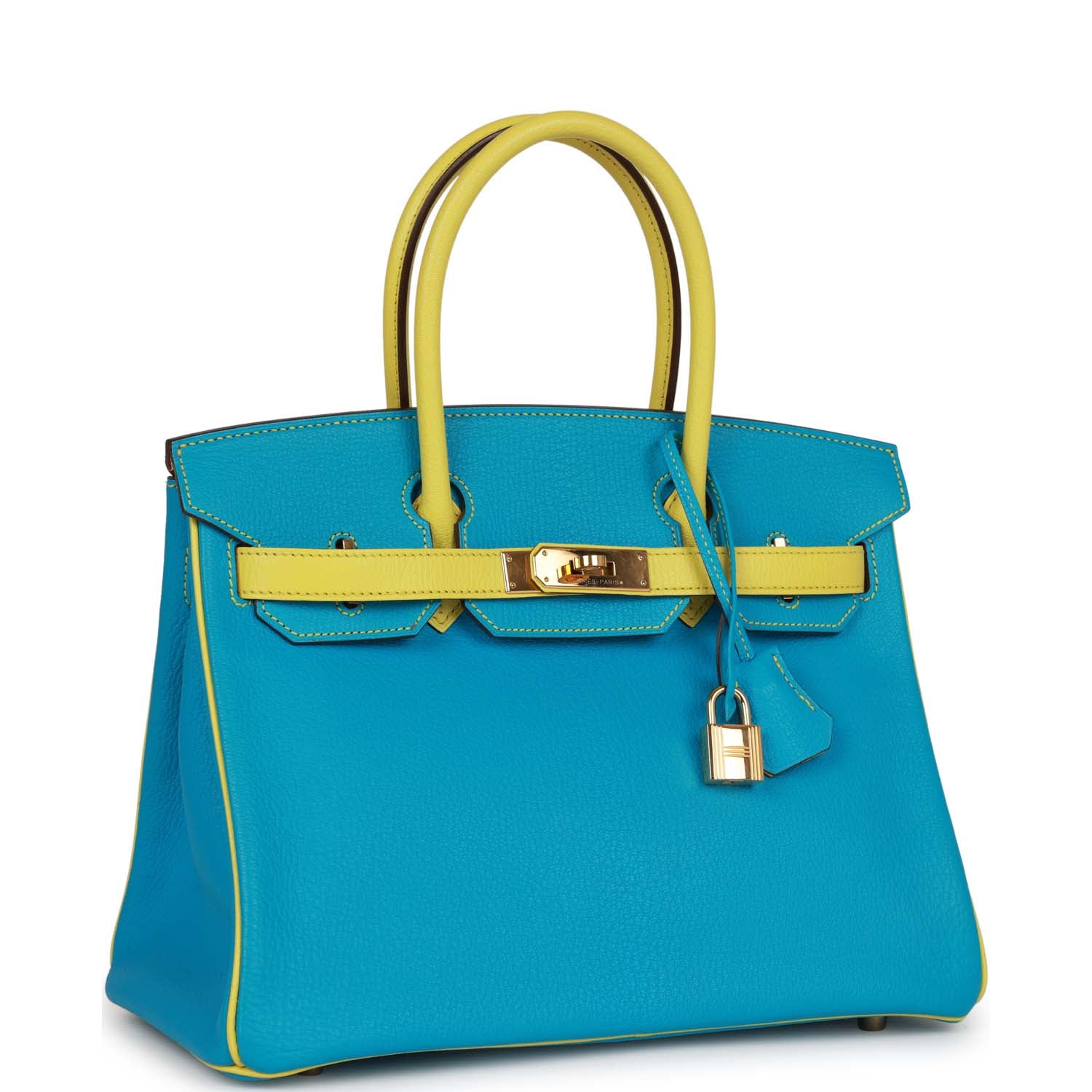 Top Quality HMS Special Order (HSS) Birkin 30 Bleu Turquoise and Lime Chevre Gold Hardware
