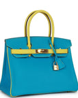 Top Quality HMS Special Order (HSS) Birkin 30 Bleu Turquoise and Lime Chevre Gold Hardware