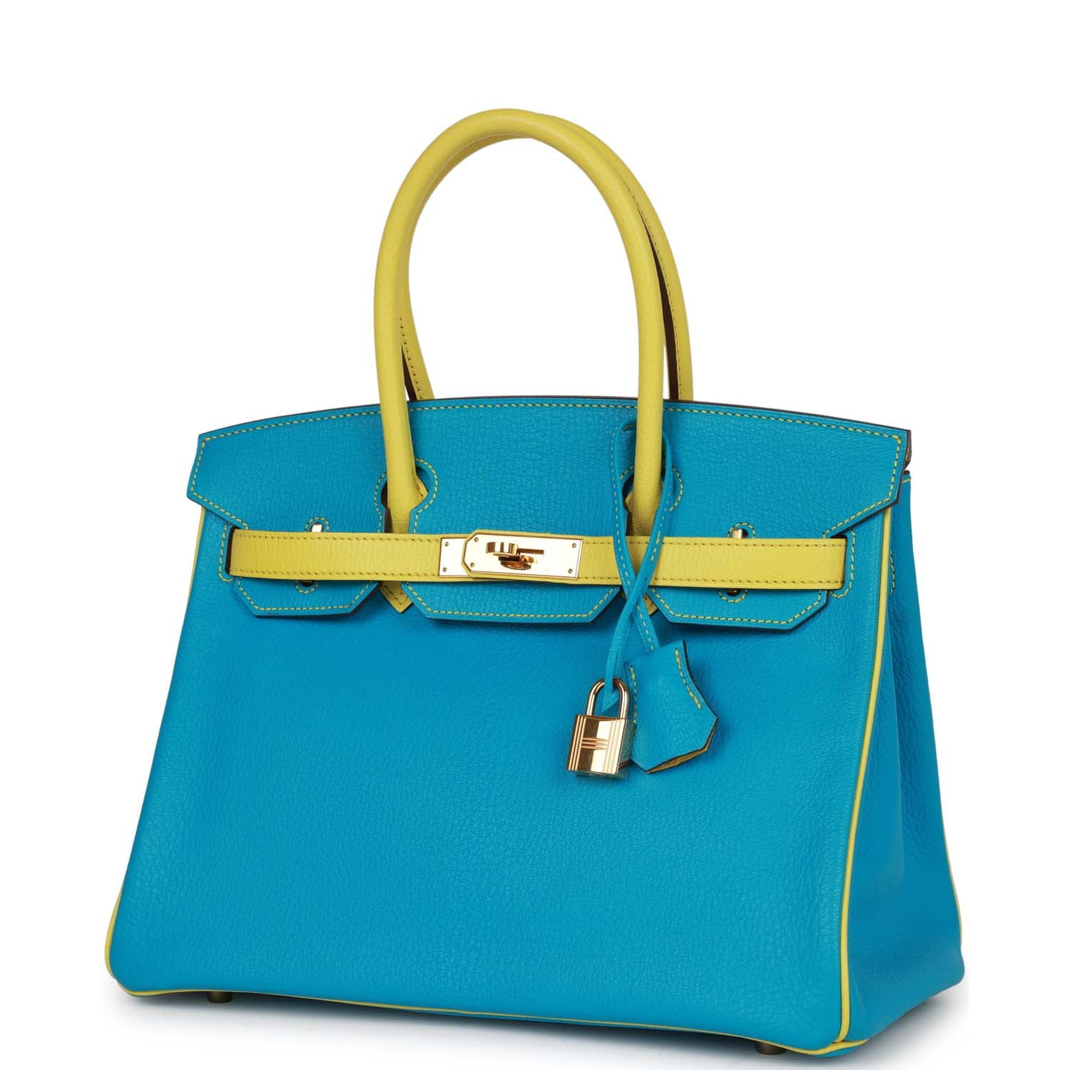 Top Quality HMS Special Order (HSS) Birkin 30 Bleu Turquoise and Lime Chevre Gold Hardware