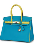 Top Quality HMS Special Order (HSS) Birkin 30 Bleu Turquoise and Lime Chevre Gold Hardware