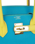 Top Quality HMS Special Order (HSS) Birkin 30 Bleu Turquoise and Lime Chevre Gold Hardware