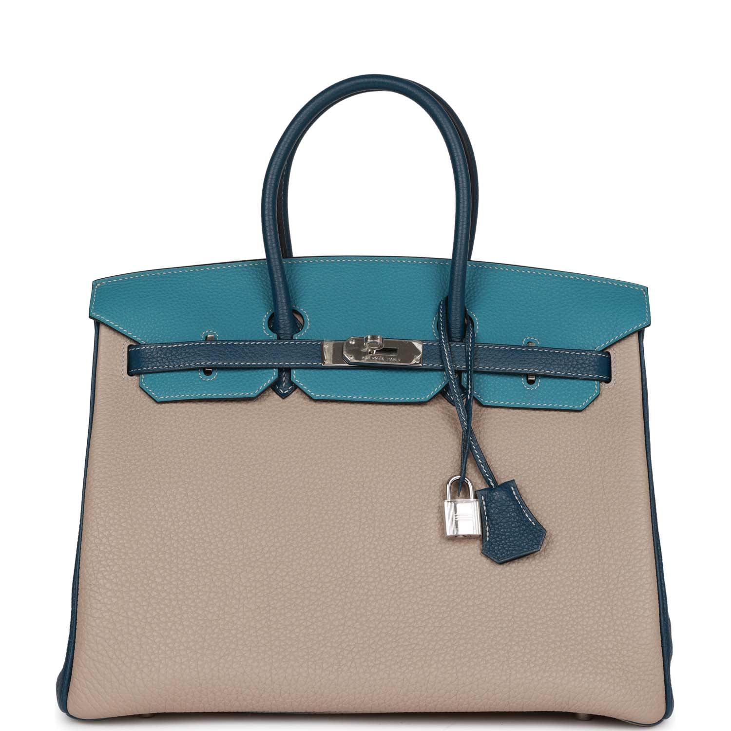 HMS Special Order (HSS) Birkin 35 Tricolor Gris Tourterelle, Bleu Jean, and Bleu de Malte Clemence Palladium Hardware