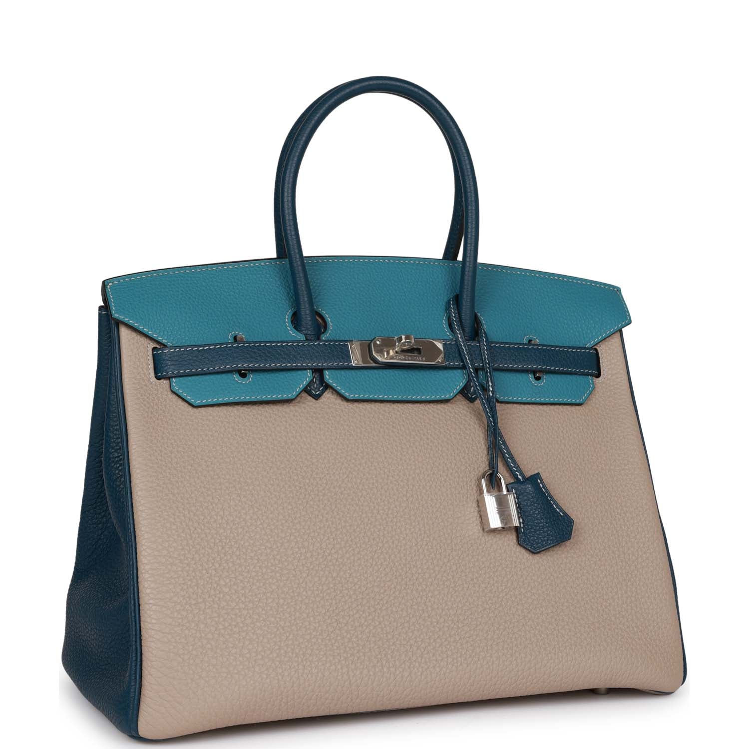 HMS Special Order (HSS) Birkin 35 Tricolor Gris Tourterelle, Bleu Jean, and Bleu de Malte Clemence Palladium Hardware