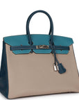 HMS Special Order (HSS) Birkin 35 Tricolor Gris Tourterelle, Bleu Jean, and Bleu de Malte Clemence Palladium Hardware