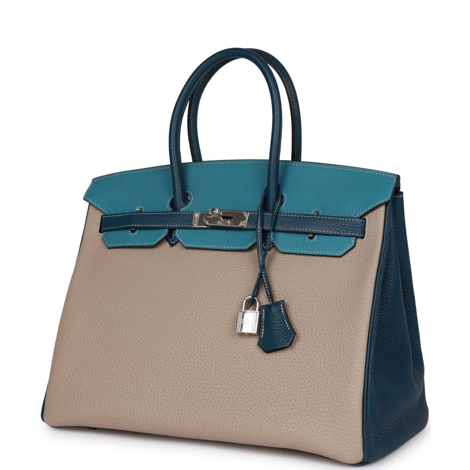 HMS Special Order (HSS) Birkin 35 Tricolor Gris Tourterelle, Bleu Jean, and Bleu de Malte Clemence Palladium Hardware