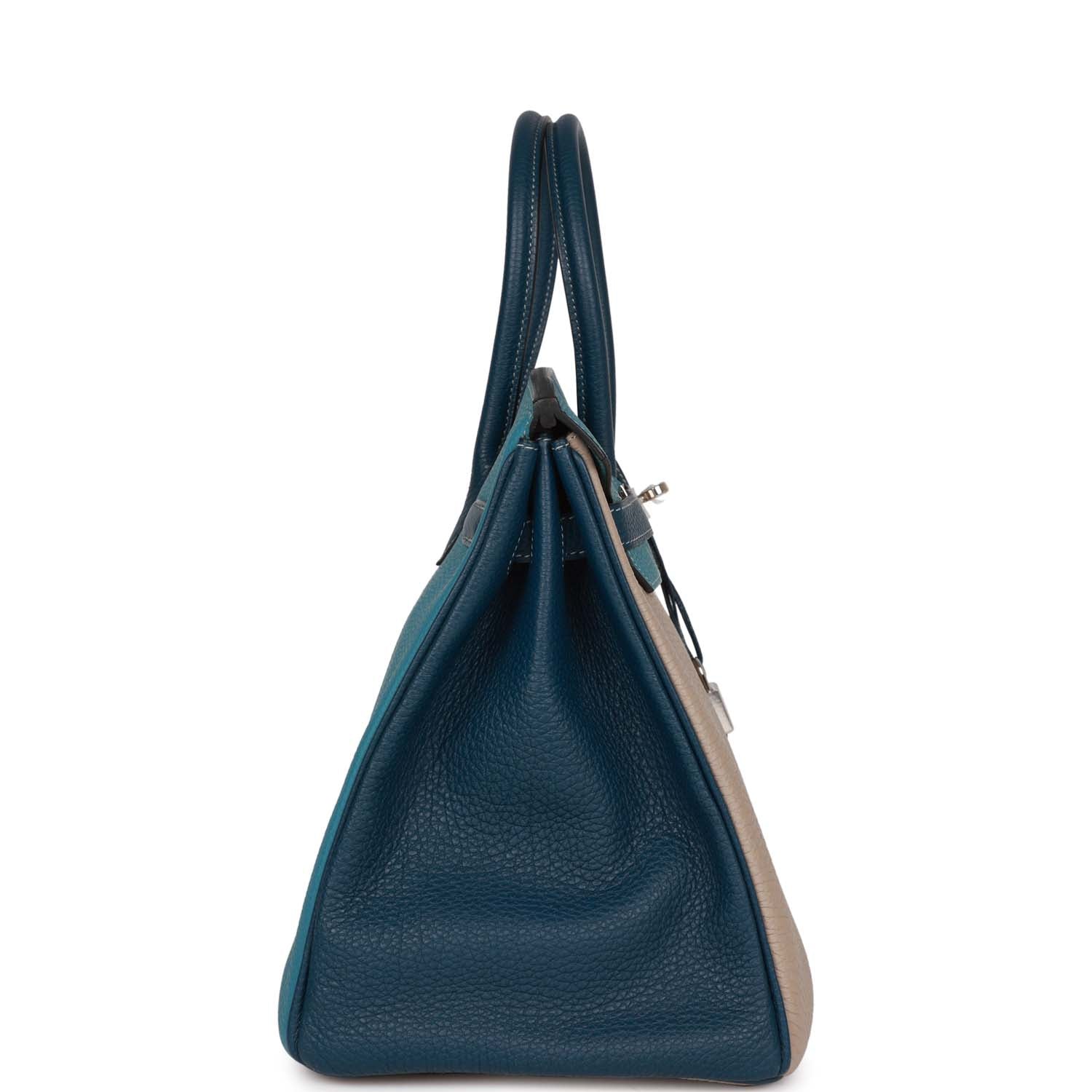 HMS Special Order (HSS) Birkin 35 Tricolor Gris Tourterelle, Bleu Jean, and Bleu de Malte Clemence Palladium Hardware
