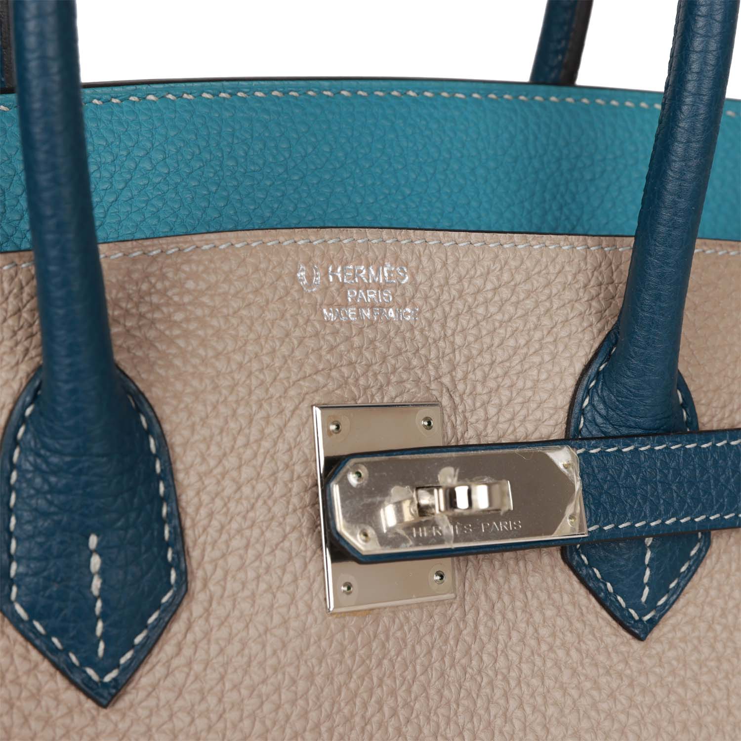 HMS Special Order (HSS) Birkin 35 Tricolor Gris Tourterelle, Bleu Jean, and Bleu de Malte Clemence Palladium Hardware