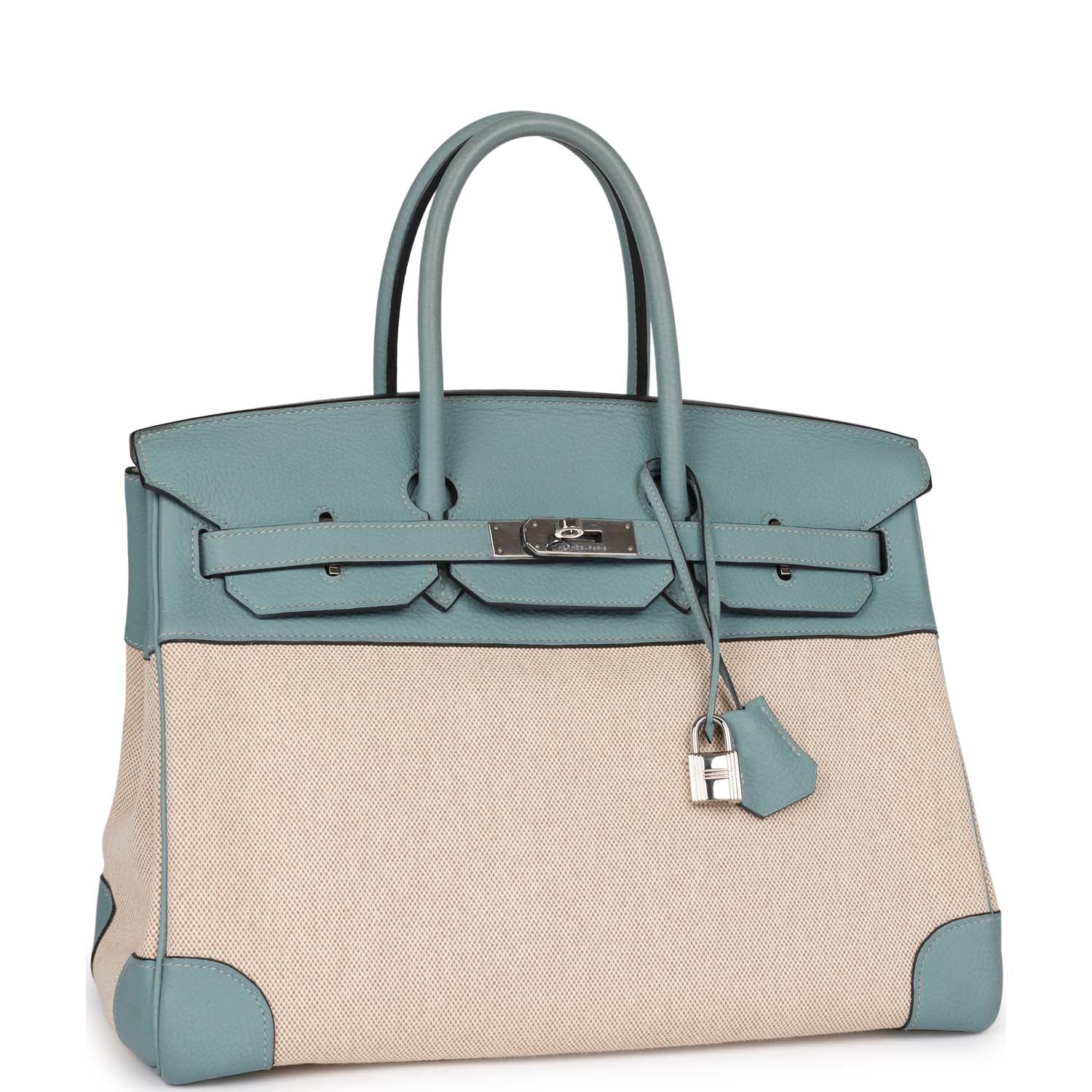 Top Quality HMS Birkin 35 Toile H and Ciel Clemence Palladium Hardware