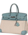 Top Quality HMS Birkin 35 Toile H and Ciel Clemence Palladium Hardware