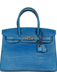 Top Quality HMS Birkin 30 Bleu Mykonos Matte Alligator Palladium Hardware