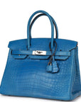 Top Quality HMS Birkin 30 Bleu Mykonos Matte Alligator Palladium Hardware