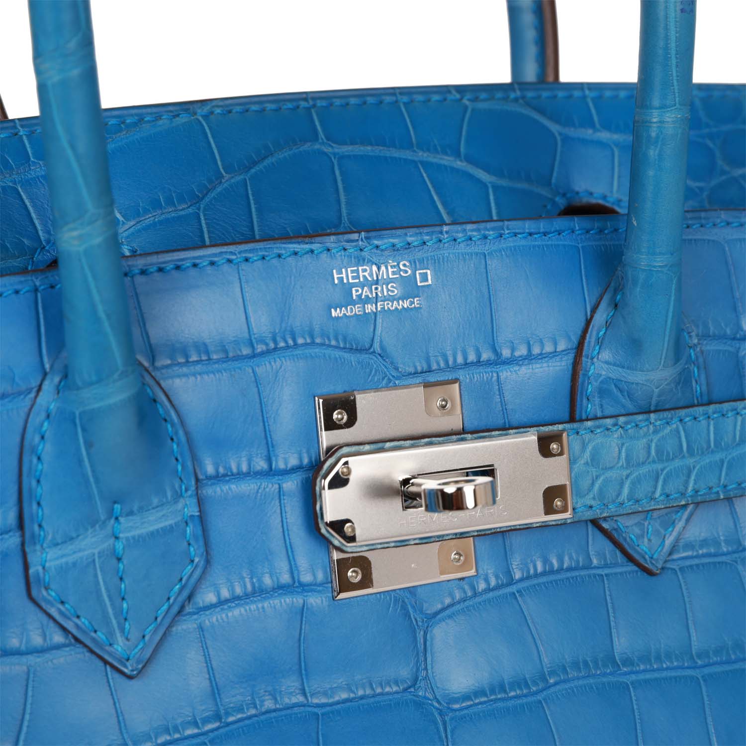 Top Quality HMS Birkin 30 Bleu Mykonos Matte Alligator Palladium Hardware