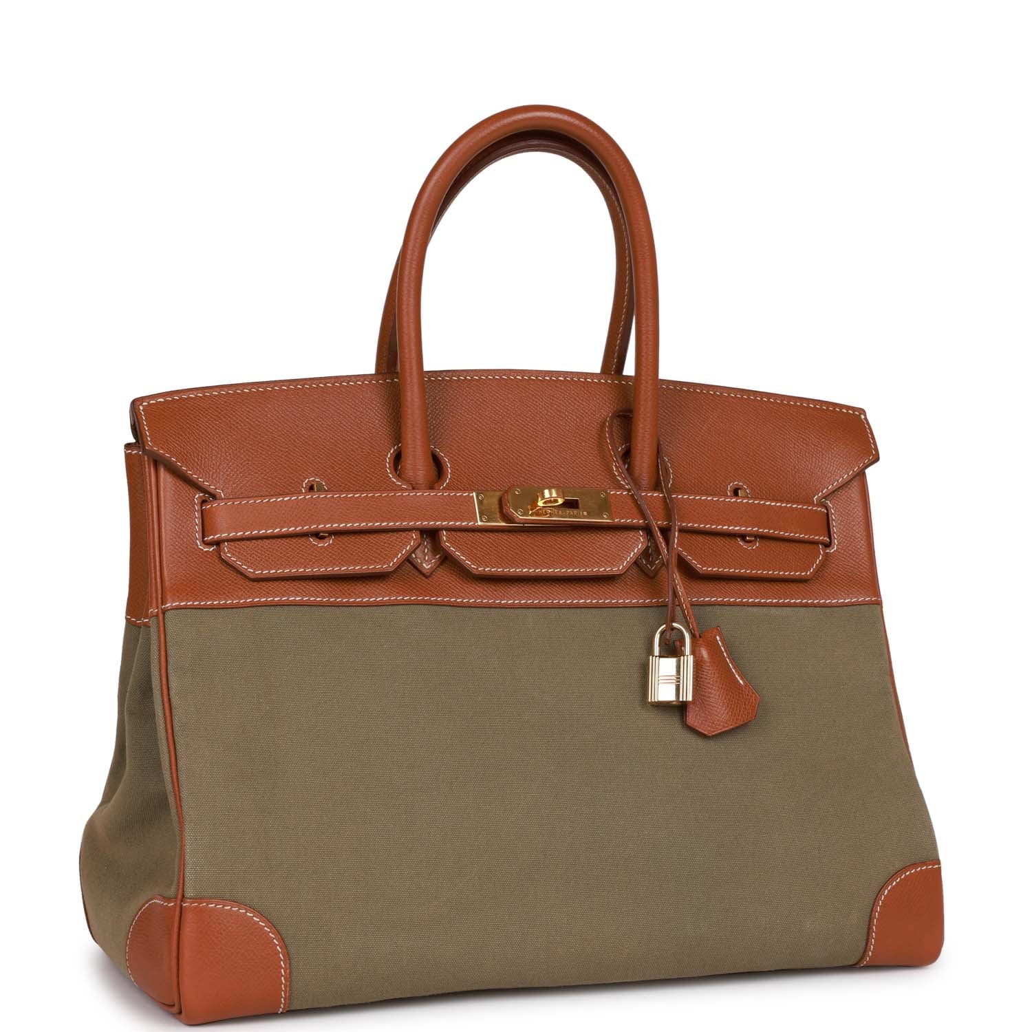 Vintage HMS Birkin 35 Gold Courchevel and Olive Toile H Gold Hardware
