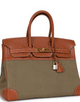 Vintage HMS Birkin 35 Gold Courchevel and Olive Toile H Gold Hardware