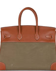 Vintage HMS Birkin 35 Gold Courchevel and Olive Toile H Gold Hardware