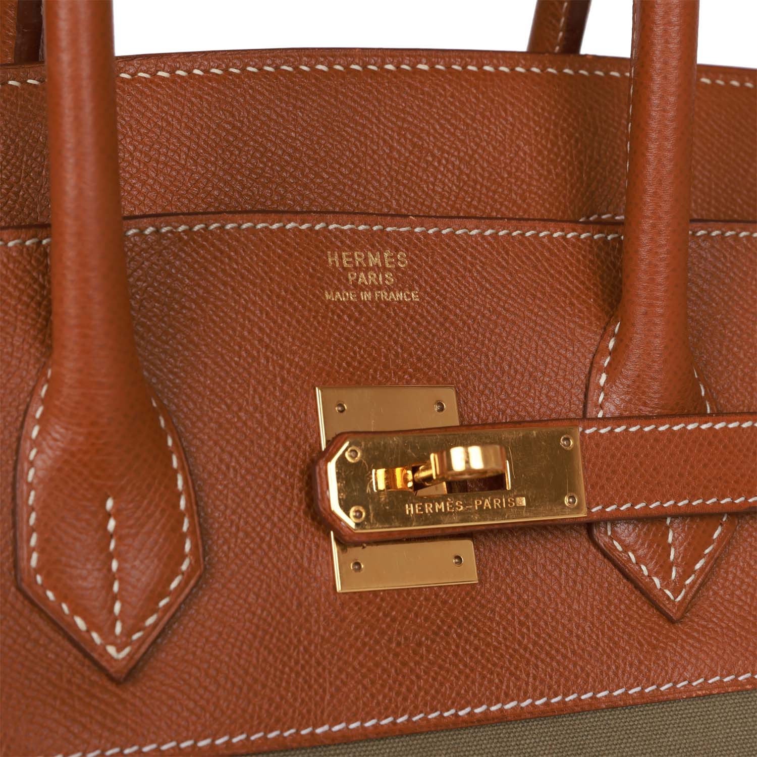 Vintage HMS Birkin 35 Gold Courchevel and Olive Toile H Gold Hardware