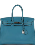 Top Quality HMS Birkin 35 Bleu Jean Togo Palladium Hardware
