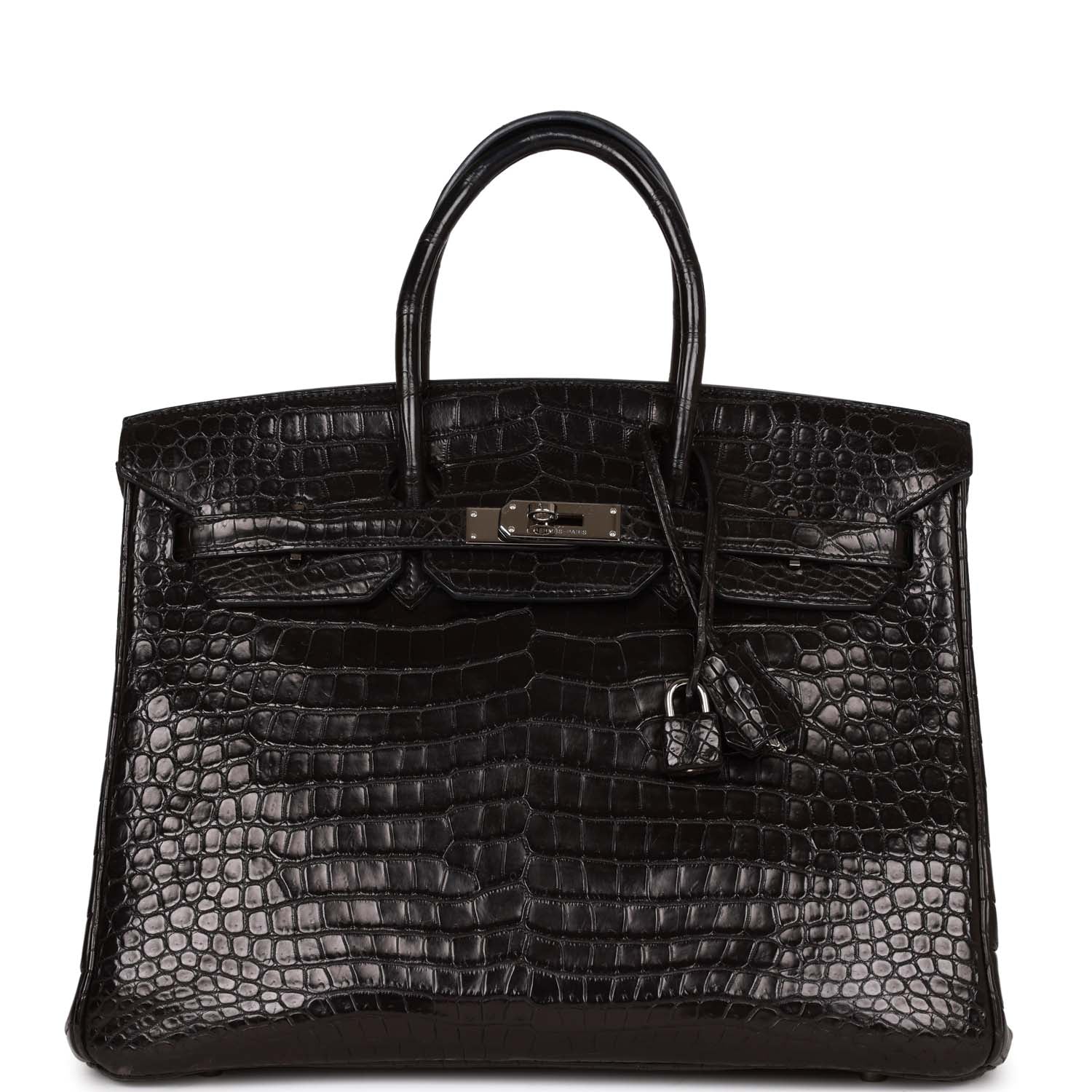 Top Quality HMS Birkin 35 Black Matte Crocodile Porosus Palladium Hardware