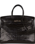 Top Quality HMS Birkin 35 Black Matte Crocodile Porosus Palladium Hardware